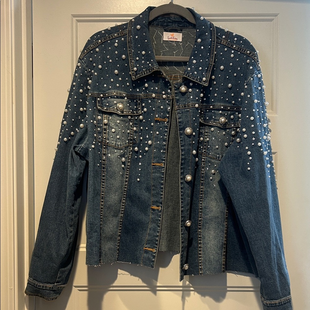 Vintage Maximalist Blue Denim Jacket with Pearl Embellishments